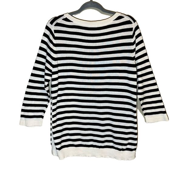 Talbots Nautica Sweater Size L Crocheted Sides Black White Stripe Cotton Sweater - Picture 2 of 4